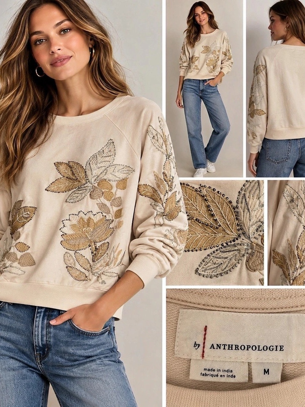 Anthropologie Floral Embellished Sweatshirt Cream & Brown Medium